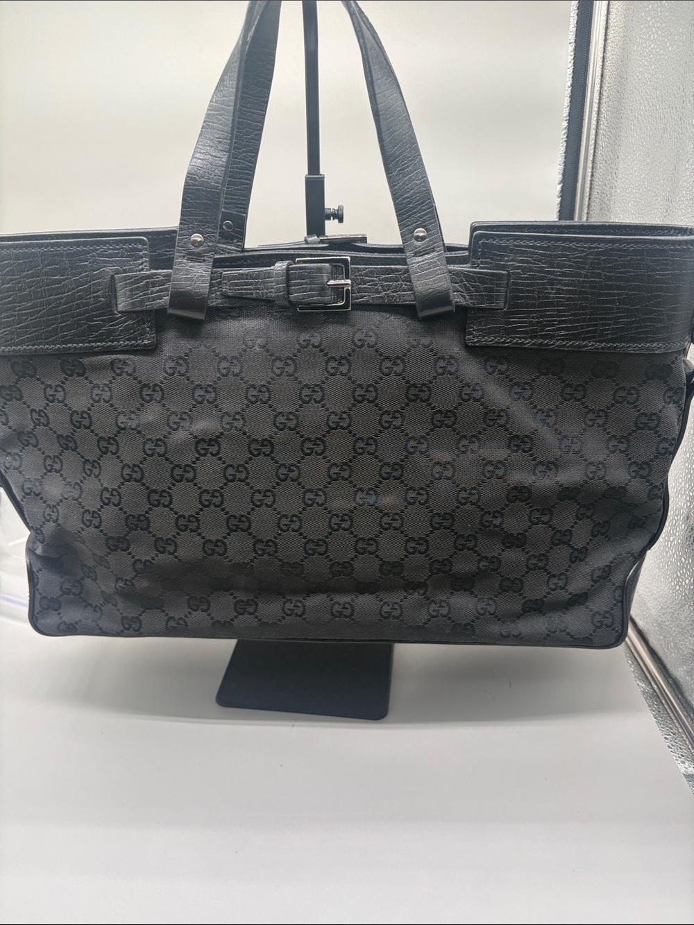 Gucci GG Canvas Large Tote Bag Black Leather Buckle Handbag 106251